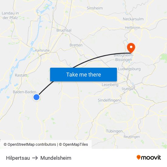 Hilpertsau to Mundelsheim map