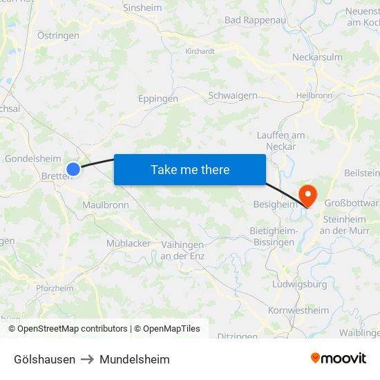 Gölshausen to Mundelsheim map