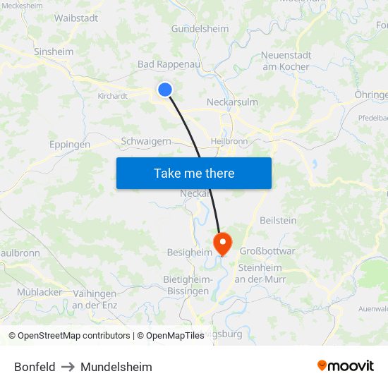 Bonfeld to Mundelsheim map