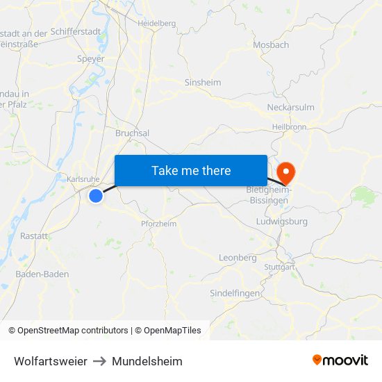 Wolfartsweier to Mundelsheim map