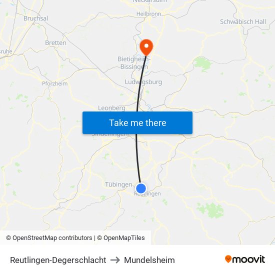 Reutlingen-Degerschlacht to Mundelsheim map