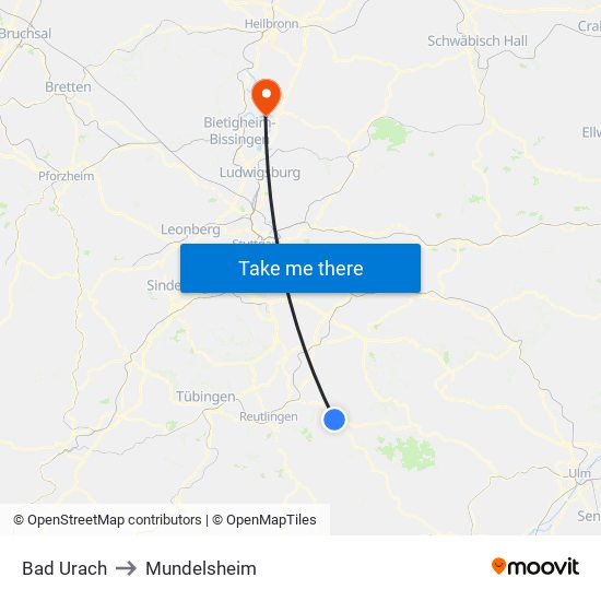 Bad Urach to Mundelsheim map