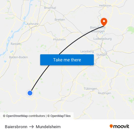 Baiersbronn to Mundelsheim map