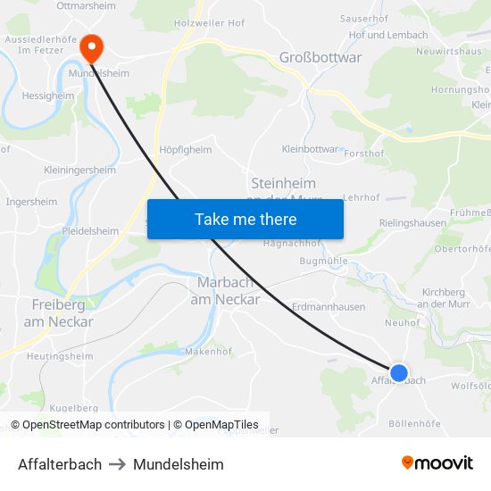 Affalterbach to Mundelsheim map