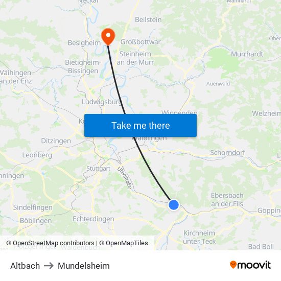 Altbach to Mundelsheim map