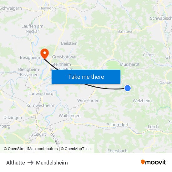 Althütte to Mundelsheim map