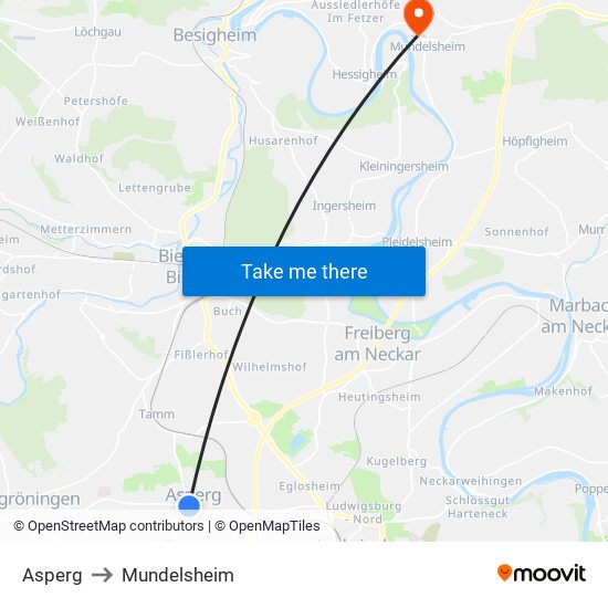 Asperg to Mundelsheim map