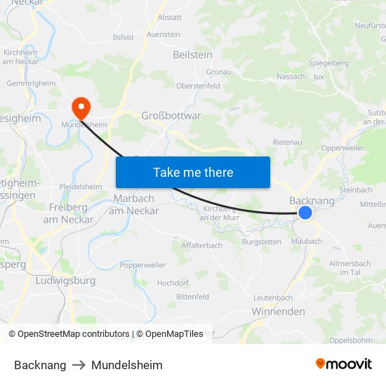 Backnang to Mundelsheim map