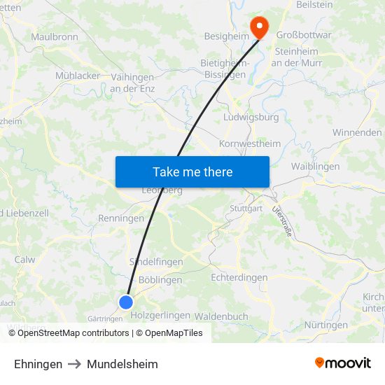 Ehningen to Mundelsheim map