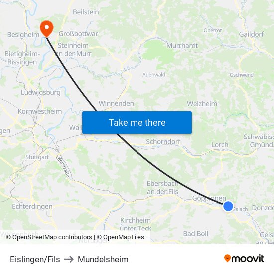 Eislingen/Fils to Mundelsheim map