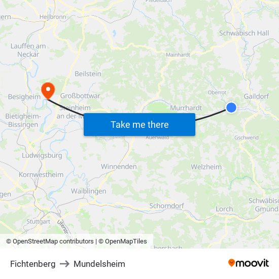 Fichtenberg to Mundelsheim map