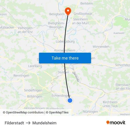 Filderstadt to Mundelsheim map