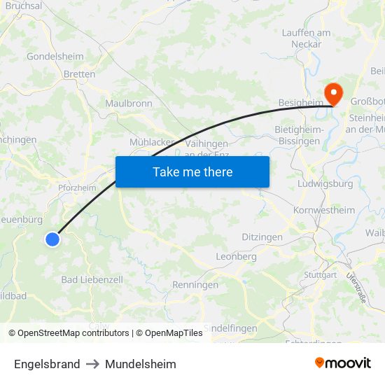 Engelsbrand to Mundelsheim map