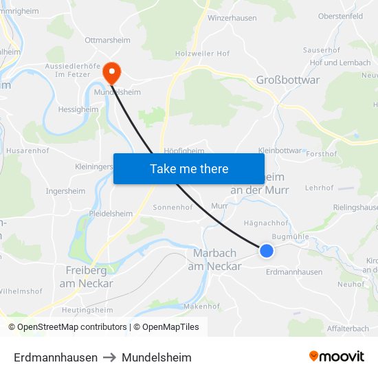 Erdmannhausen to Mundelsheim map