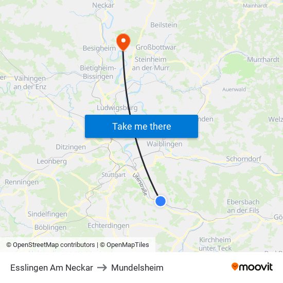 Esslingen Am Neckar to Mundelsheim map