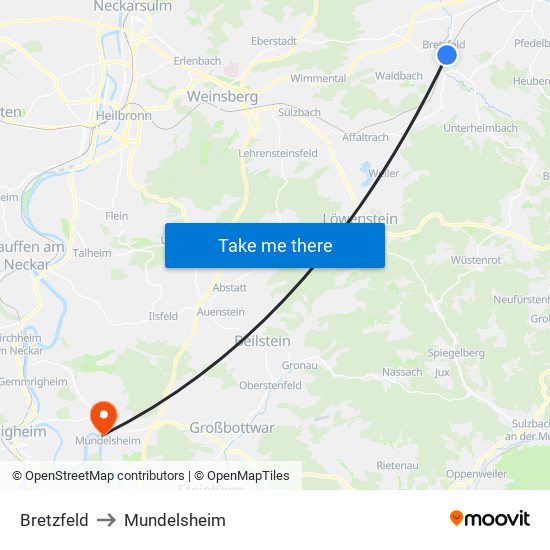 Bretzfeld to Mundelsheim map