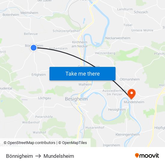 Bönnigheim to Mundelsheim map