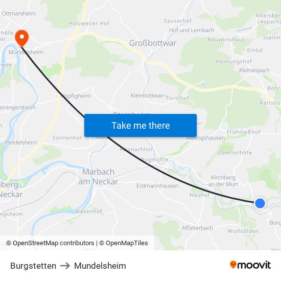 Burgstetten to Mundelsheim map