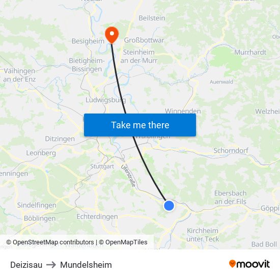 Deizisau to Mundelsheim map