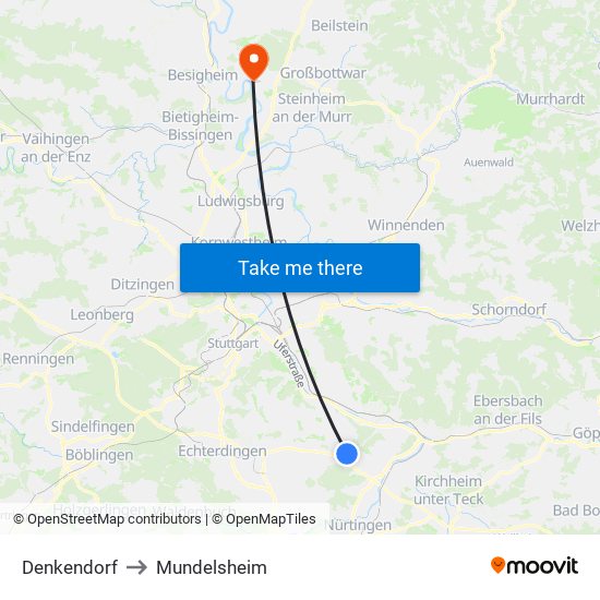 Denkendorf to Mundelsheim map