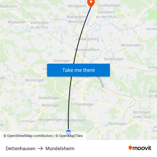 Dettenhausen to Mundelsheim map