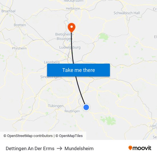 Dettingen An Der Erms to Mundelsheim map