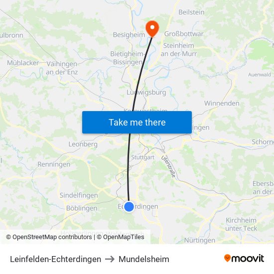 Leinfelden-Echterdingen to Mundelsheim map