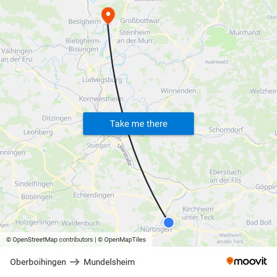 Oberboihingen to Mundelsheim map