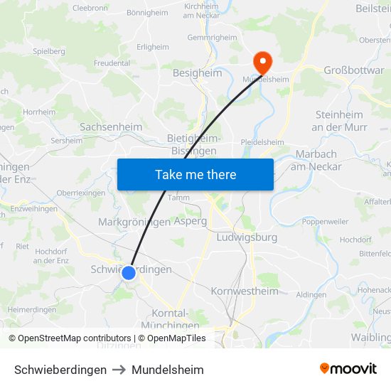 Schwieberdingen to Mundelsheim map