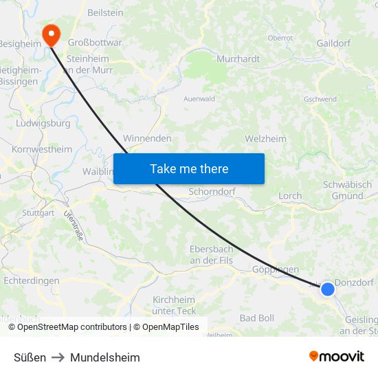 Süßen to Mundelsheim map