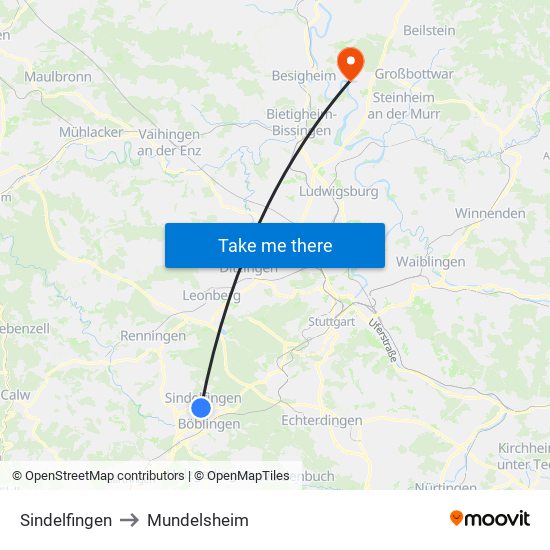 Sindelfingen to Mundelsheim map