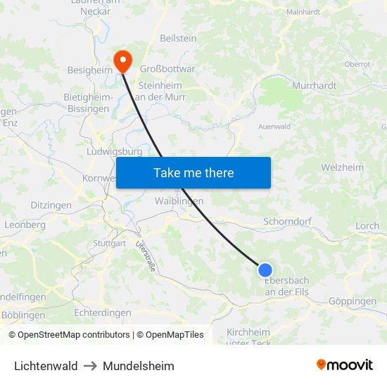 Lichtenwald to Mundelsheim map