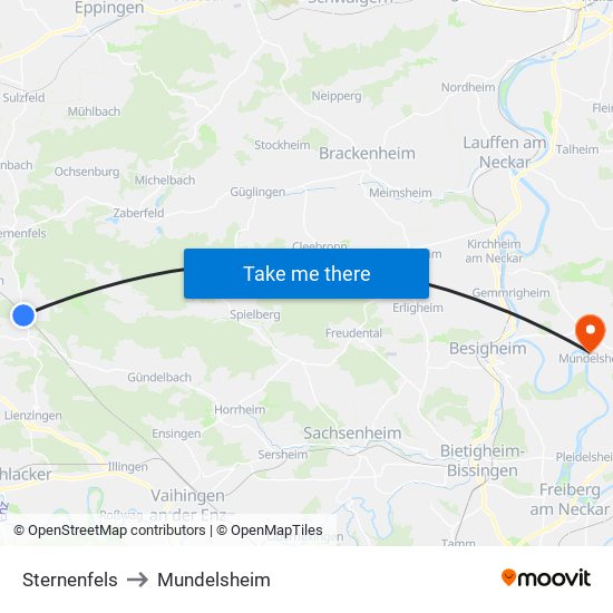 Sternenfels to Mundelsheim map