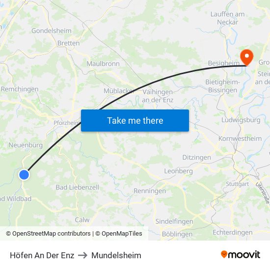 Höfen An Der Enz to Mundelsheim map