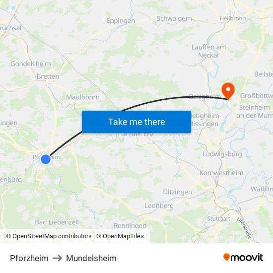 Pforzheim to Mundelsheim map