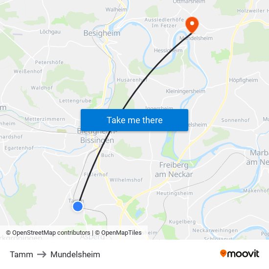 Tamm to Mundelsheim map