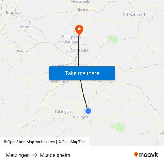 Metzingen to Mundelsheim map