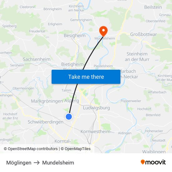 Möglingen to Mundelsheim map