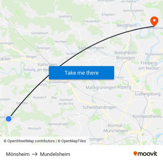 Mönsheim to Mundelsheim map