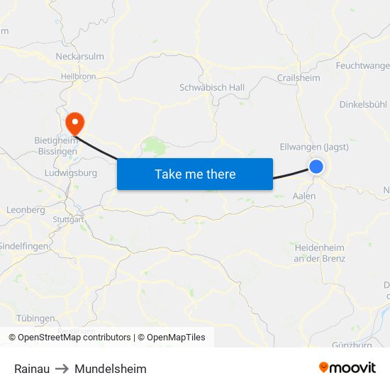 Rainau to Mundelsheim map