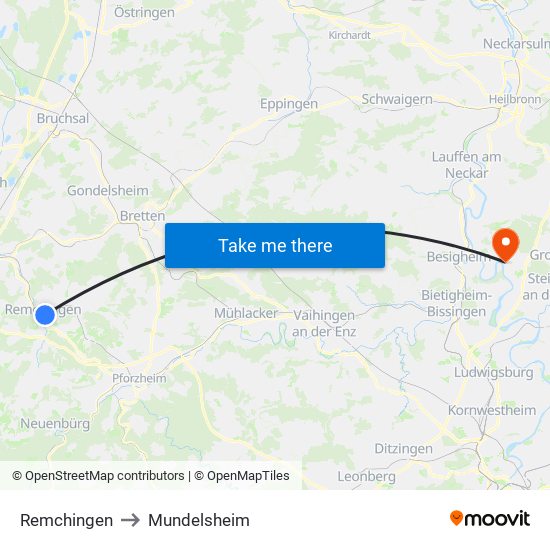 Remchingen to Mundelsheim map