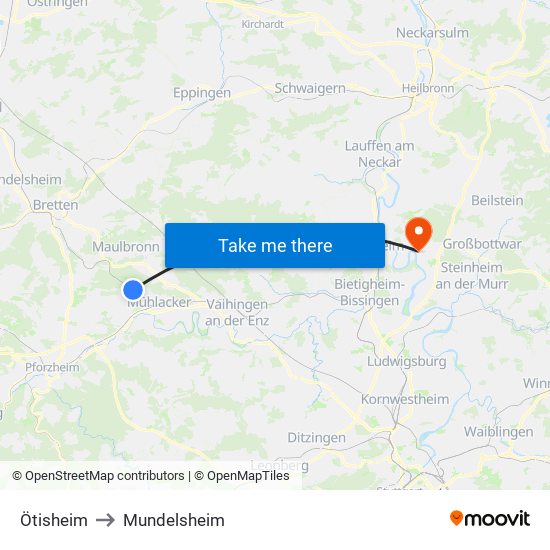 Ötisheim to Mundelsheim map