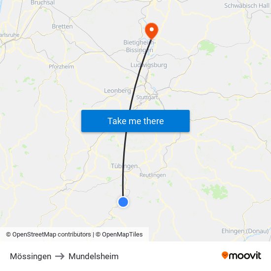 Mössingen to Mundelsheim map