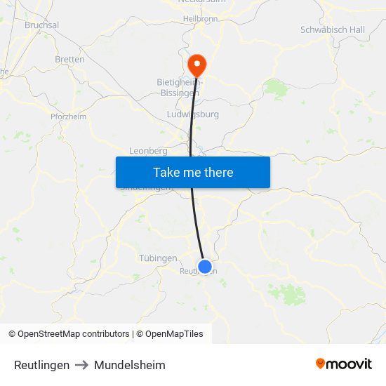 Reutlingen to Mundelsheim map