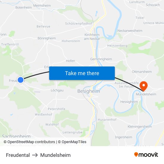 Freudental to Mundelsheim map