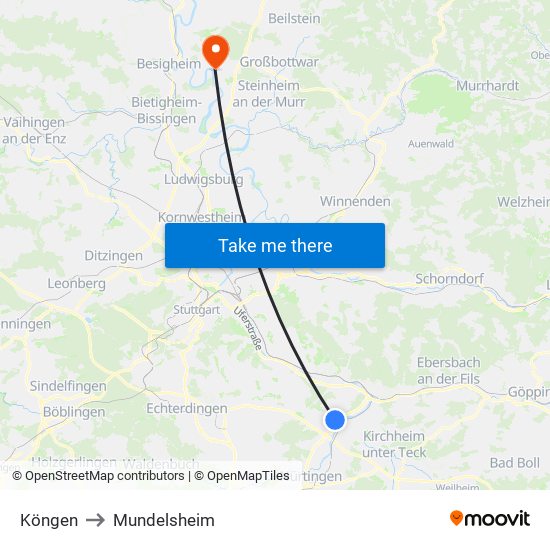 Köngen to Mundelsheim map