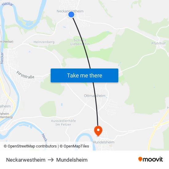 Neckarwestheim to Mundelsheim map