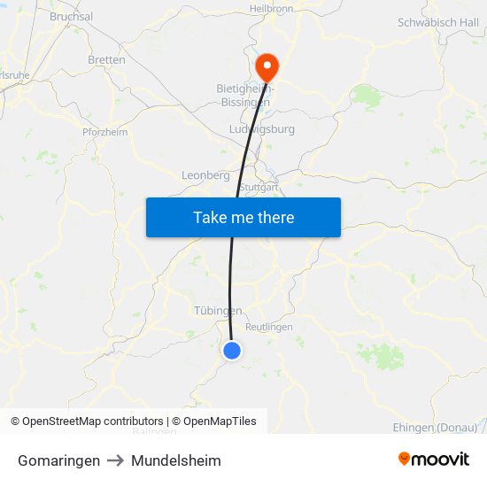 Gomaringen to Mundelsheim map