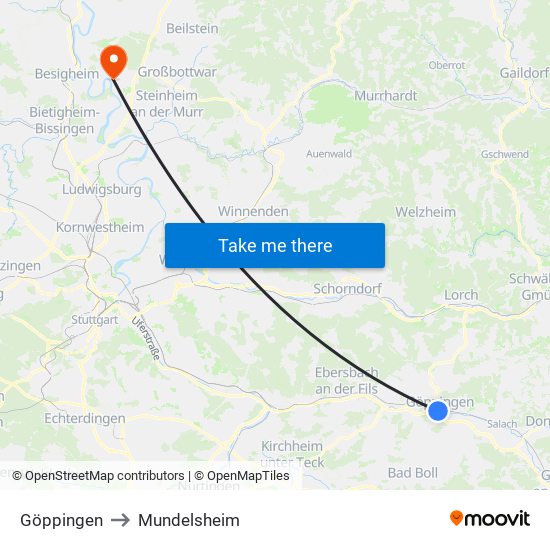 Göppingen to Mundelsheim map