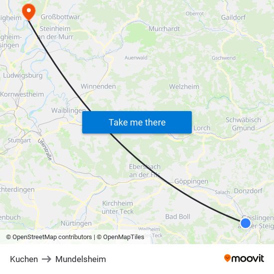 Kuchen to Mundelsheim map